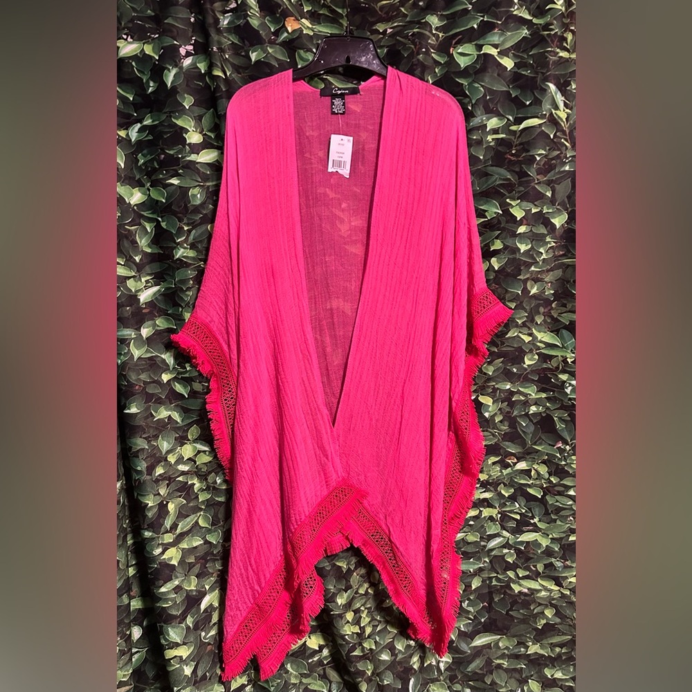 CEJON Semi Sheer Kimono Beach Coverup Pink Fringe OS New